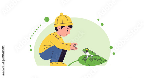 Curious Boy Looks At Frog On Leaf Cartoon Illustration With Yellow Accessories