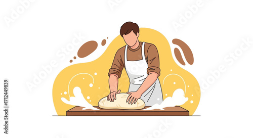 Baker Kneading Dough: Illustration of Artisan Crafting Loaves with Flour Effects