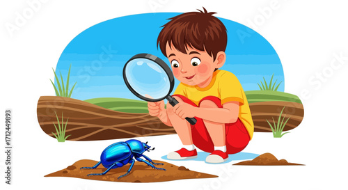 Curious Boy Observing A Beetle: Exploring Nature's Tiny Wonders Under A Sunny Sky