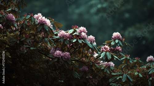 Mesmerizing Natural Scene of Delicate Rhododendron Bushes Nearing Bloom Against Deep, Dark Green Foliage