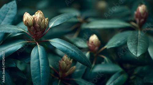 Intricate Illustration of Rhododendron Plants Nearly Blooming with Dark Green Leaves in a Tranquil Natural Garden Setting