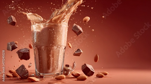 Stunning High-End Studio Shot of Chocolate Almond Milk in Mid-Splash with Almonds and Chocolate Cubes on a Clean Colored Background for Premium Advertisement