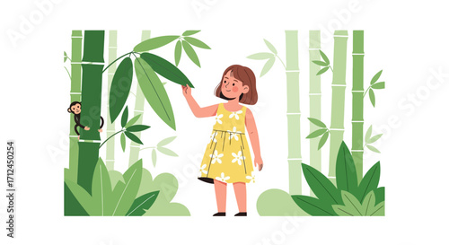 Bamboo Forest Exploration of Curious Child Witnessing Playful Monkey Interaction