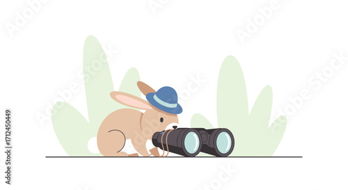 Curious Bunny Using Binoculars to Explore a Dazzling and Verdant Wilderness Scene