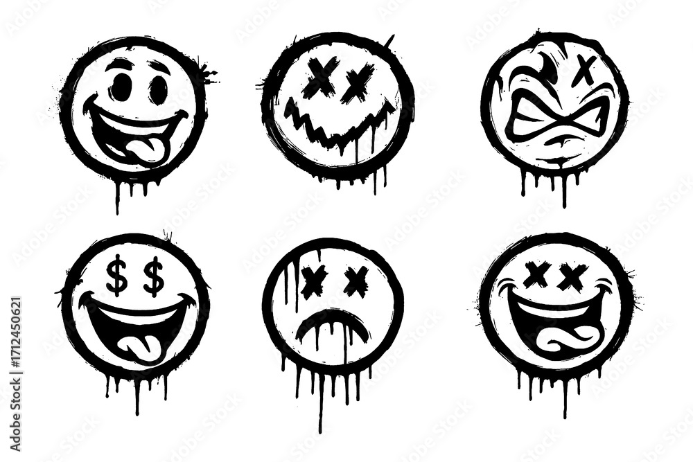 Fototapeta premium Distressed graffiti smiley faces with dripping paint in expressive emotions, Transparent Background