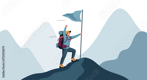 Climber Reaches Mountain Summit, Celebrating Conquest, Triumph, and Ultimate Achievement