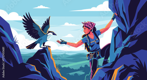 Climber Interacting With Bird High On Rocky Mountain Side Beautiful Illustration