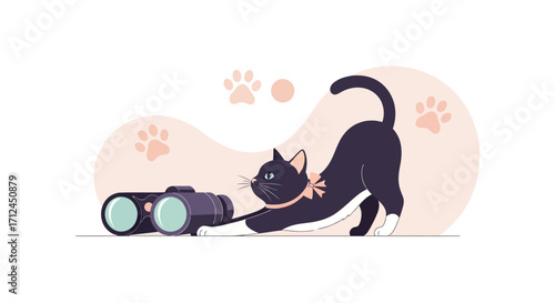 Curious Cat Inspecting Binoculars Vector Illustration On White Background