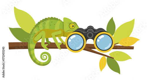 Curious Chameleon Observing Wildlife Through Binoculars on a Branch