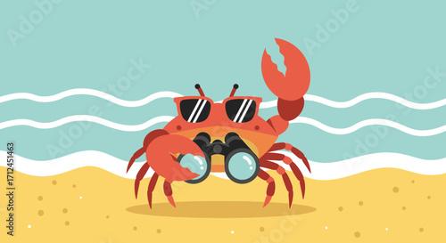 Beach Crab Watching With Binoculars On A Sunny Day, Summer Sea Concept