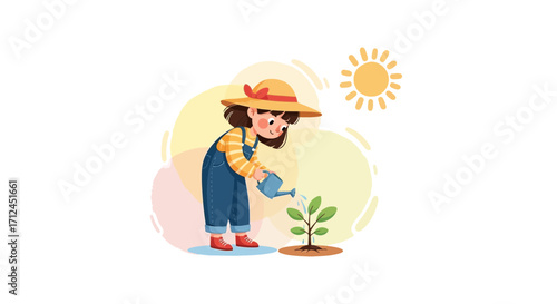 Child Cares About A Small Plant In Illustrated Design Planting And Growing