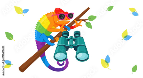 Colorful Chameleon with Sunglasses Observing Through Binoculars On A Wooden Branch