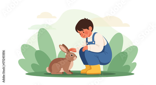 Child Caressing A Brown Rabbit In A Meadow With Green Foliage Background Scene