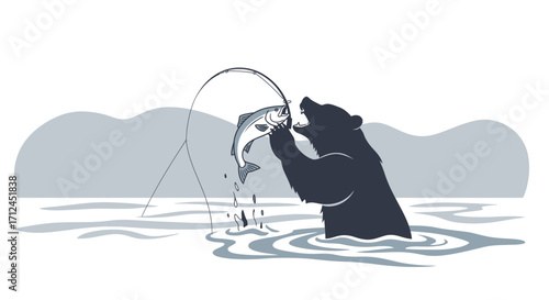 Bear Fishing for Salmon Isolated in Water, Showing Silhouette, Vector Illustration