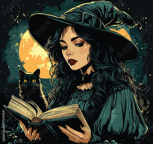 Witch Sitting with Books and Cat in Dark Forest