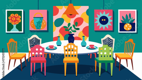 A dining room with a mix of mismatched chairs a statement tablecloth with a bold pattern and walls adorned with a collection of whimsical and colorful artwork.