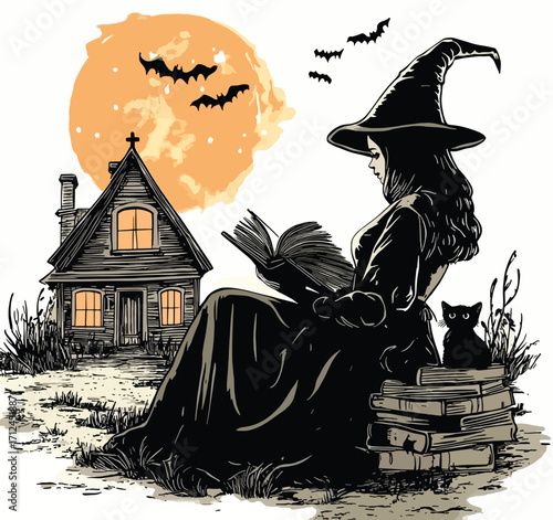 Witch with Long Hair and Black Cat Halloween Art.