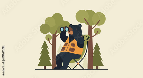 Bear Observing Nature With Binoculars While Resting In A Camp Chair Outdoors