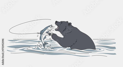 Bear Hunting Salmon In River: A Vector Illustration Depicting Predator And Prey Interaction