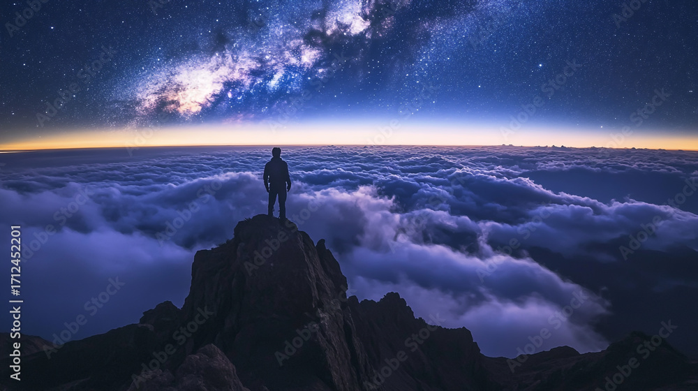 Fototapeta premium A lone figure contemplates the vast expanse of the night sky, standing atop a mountain peak amidst a sea of clouds, bathed in the ethereal glow of stars