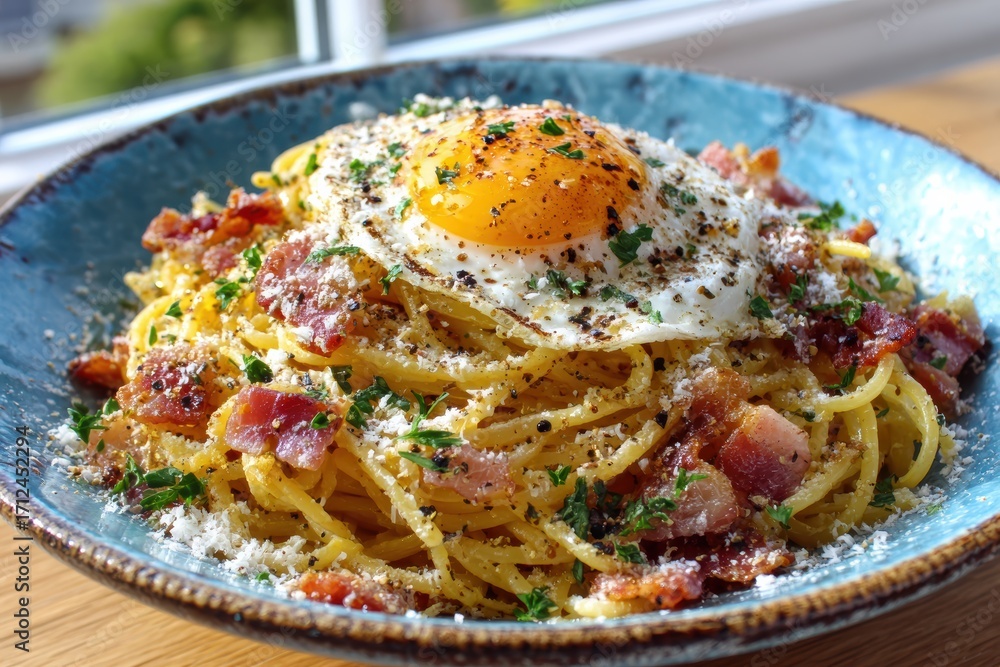 Fototapeta premium Delicious Plate of Spaghetti Carbonara Garnished with Fresh Herbs, Crispy Bacon Bits, and a Soft Poached Egg, Perfectly Presented in a Rustic Bowl