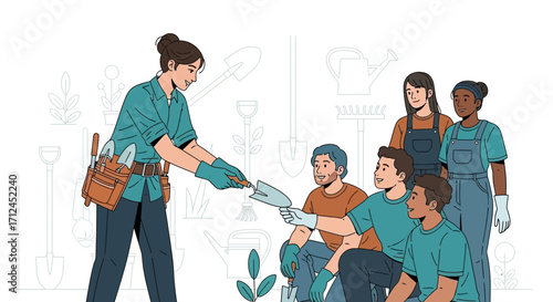 Community Gardening Illustration, Sharing Garden Tools, Promoting Teamwork and Green Spaces