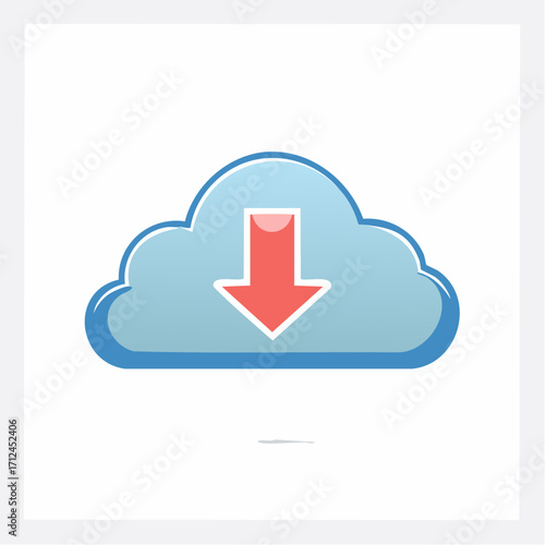 Simple modern illustration of a cloud download icon with a red downward arrow, symbolizing data transfer, cloud computing, and digital storage technology