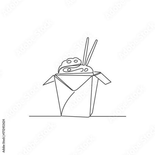 A minimalist single continuous line art drawing depicts a delicious Asian take-out noodle box with chopsticks, perfect for modern food delivery concepts.