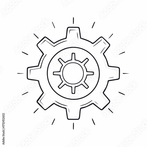 Hand-drawn gear icon representing innovation and engineering concepts. Sketch of a cogwheel mechanism for creative ideas and technical processes