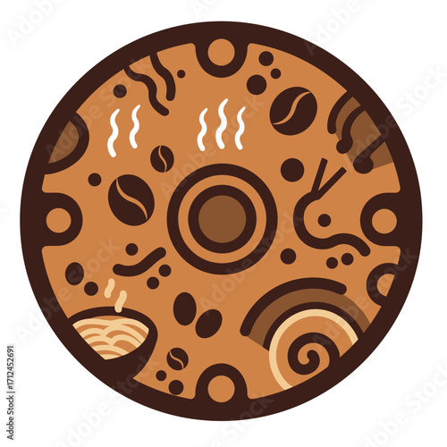 This stylish, circular vector illustration artfully combines coffee beans, steam, and abstract patterns in warm brown hues, creating a modern, inviting design.