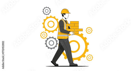 Construction Worker Carrying Bricks With Geometric Gears, Industrial Infrastructure, and Modern