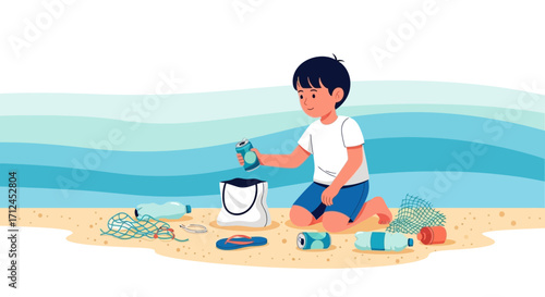 Child Collecting Waste At Seaside, Promoting Coastal Cleanup And Environmental Preservation