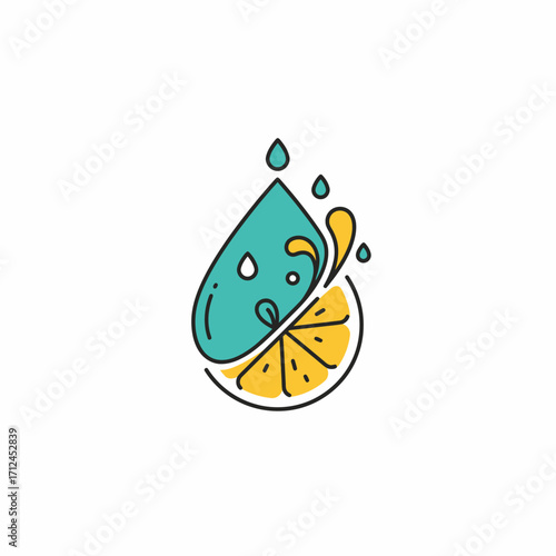 A refreshing and vibrant illustration depicts a stylized lemon slice with a fresh blue liquid drop creating a splash, symbolizing natural juice and healthy hydration.