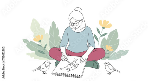 Contemplative Artist Sketches Aviary Fauna Amidst Natural Floral Surroundings