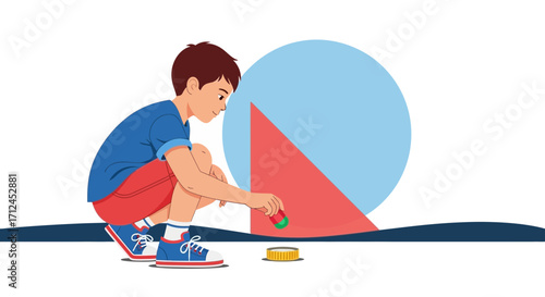 Curious Child Interacting With Constructive Abstract Shapes And Colors Composition