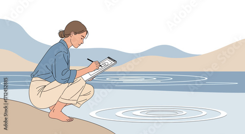 Contemplative Artist Sketches Natural Landscape by Water, Focusing on Solitude and Creation