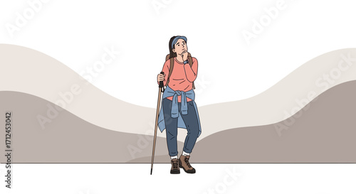 Contemplative Hiker Pondering Direction While Exploring Scenic Landscape Destination