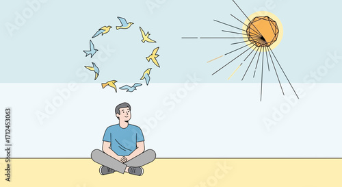 Contemplative Human Surrounded By Symbolical Birds and Sun Represents Thoughts and Dreams