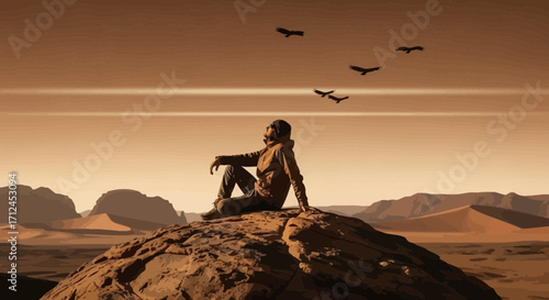 Contemplative Individual Enjoys Solitude on Elevated Terrain Beneath Soaring Birds