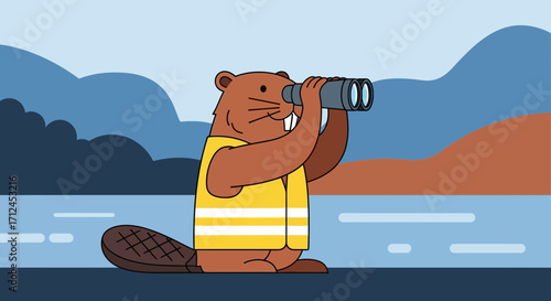 Beaver With Binoculars Observes Scenic Nature Landscape on Decorative Illustration