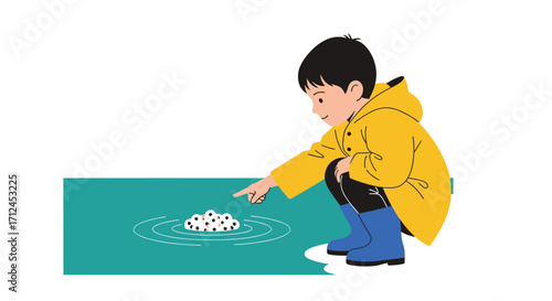 Curious Child Observes Aquatic Life in Calm Waters Wearing Protective Yellow Rain Gear