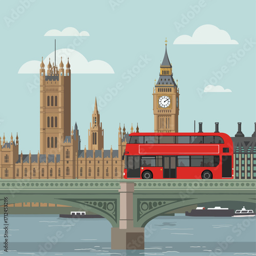 Vector Illustration of London Landmark with Red Double Decker Bus in Modern Flat Style