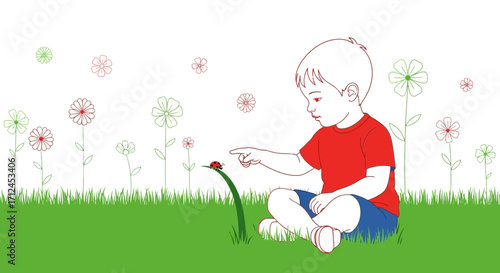 Curious Child Observes Ladybug on Leaf In A Grassy Field During The Day