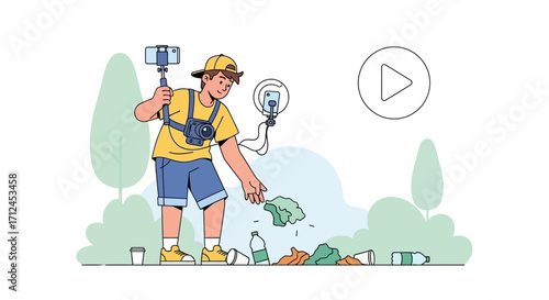 Content Creator Recording Environmental Cleanup For Online Platform Audience