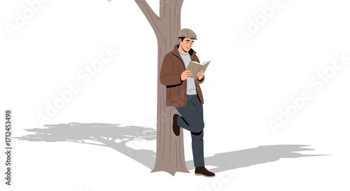 Contented Reader Leaning Against a Tree Absorbed in Literature Outdoors