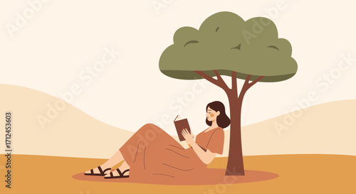 Contentment Experienced Under A Large Tree While Reading A Book In A Serene Environment
