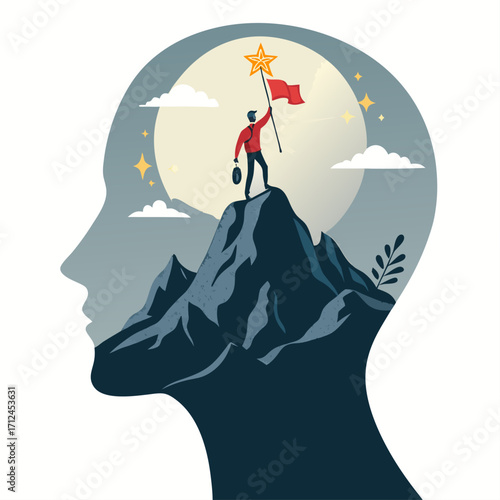 Dream Big and Achieve, A man with a star flag on a mountain inside a human head, Vector illustration - Generative AI

