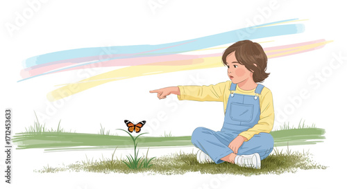 Curious Child Observing A Butterfly Amidst A Dreamy, Pastel-Colored Environment