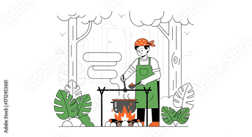 Cooking Outdoors: Preparing A Meal Over A Campfire Amidst Nature's Serenity