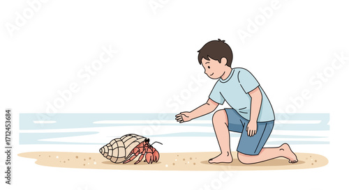 Curious Child Observing a Hermit Crab on a Sandy Beach at the Seaside During Summer